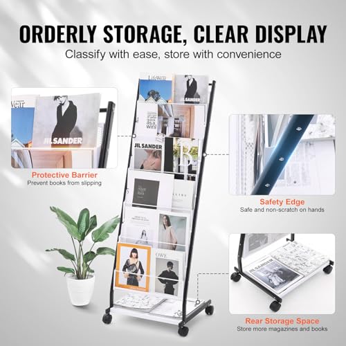6-Tier Floor Standing Magazine Display Rack with 4 Wheels, 6 Pockets X6463
