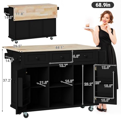 Large Kitchen Island On Wheels with Storage 54in Width Wood Island with Drawers Cabinet Spice Rack Towel Rack A698567
