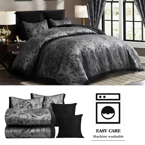 7-Piece Queen Comforter Set with Matching Curtains, Burgundy Jacquard Patchwork Bed in a Bag Bedding Set M882111