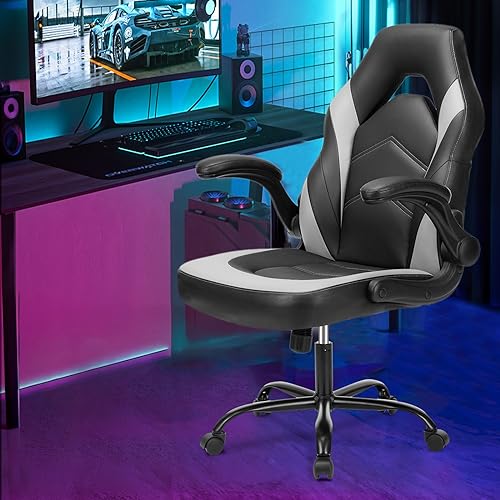 Black White Ergonomic PU Leather Swivel Desk Chair with Flip-up Armrest J9320