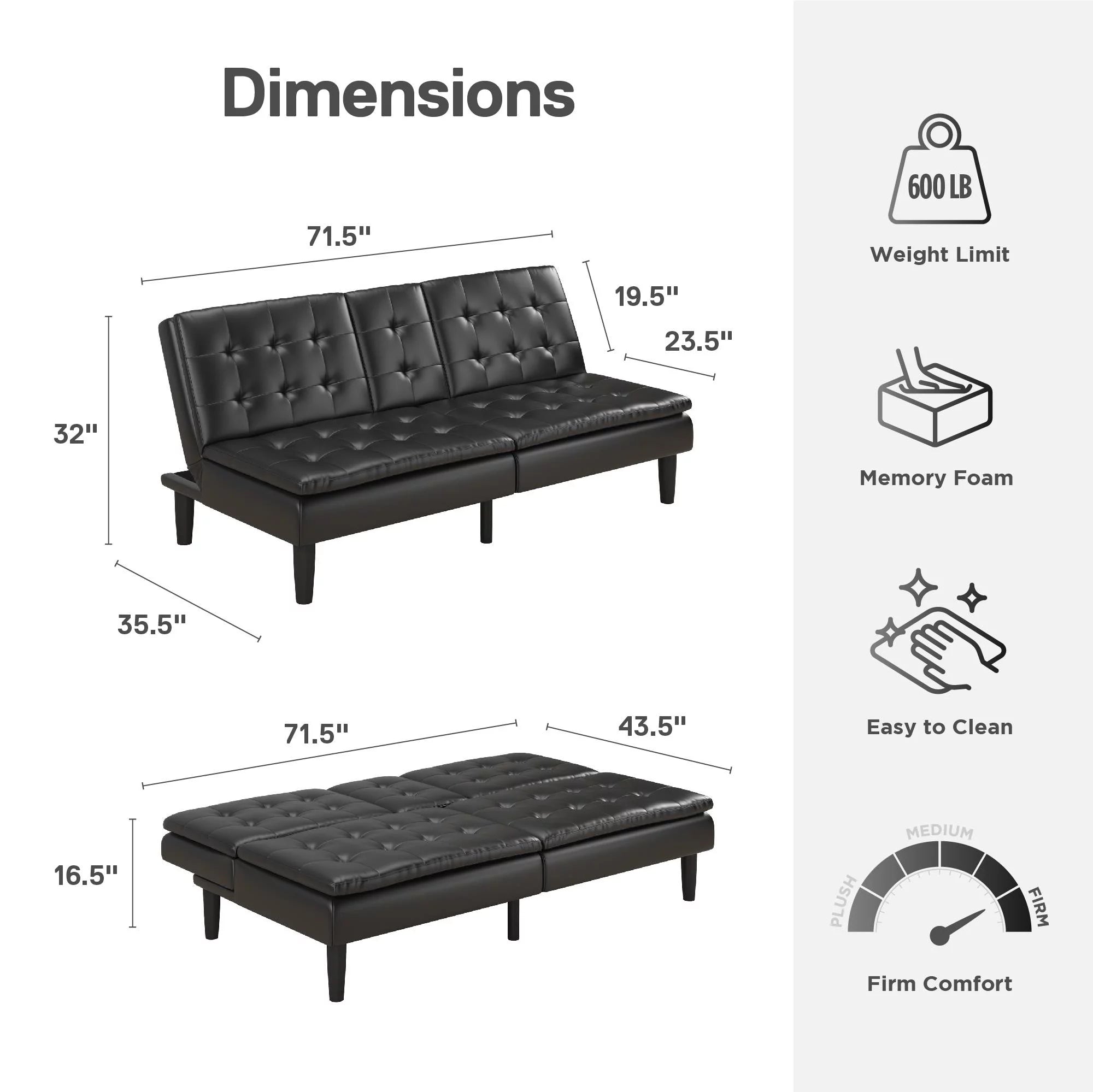 Black Faux Leather Memory Foam Futon with Cupholder and USB S276311