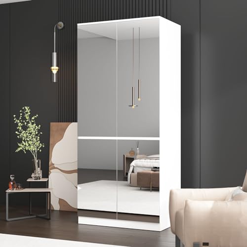 White 4 Door Mirrored Wardrobe Closet with Hanging Rod D38068