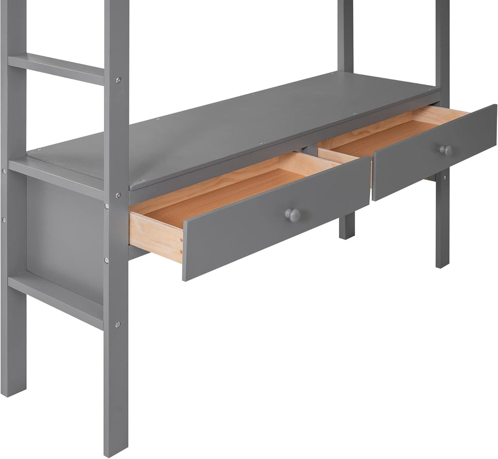 Full Size Solid Wood Loft Bed with Desk and 2 Drawers, Grey Q83593