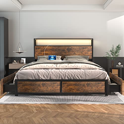 Full Size Metal Bed Frame with Storage Drawers, Rustic Brown M3743