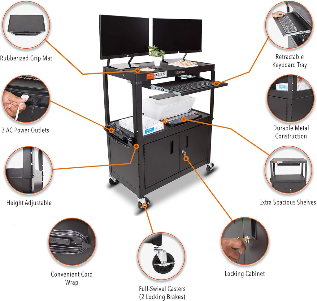 Large AV Cart with Locking Cabinet, Height Adjustable, Black H21904
