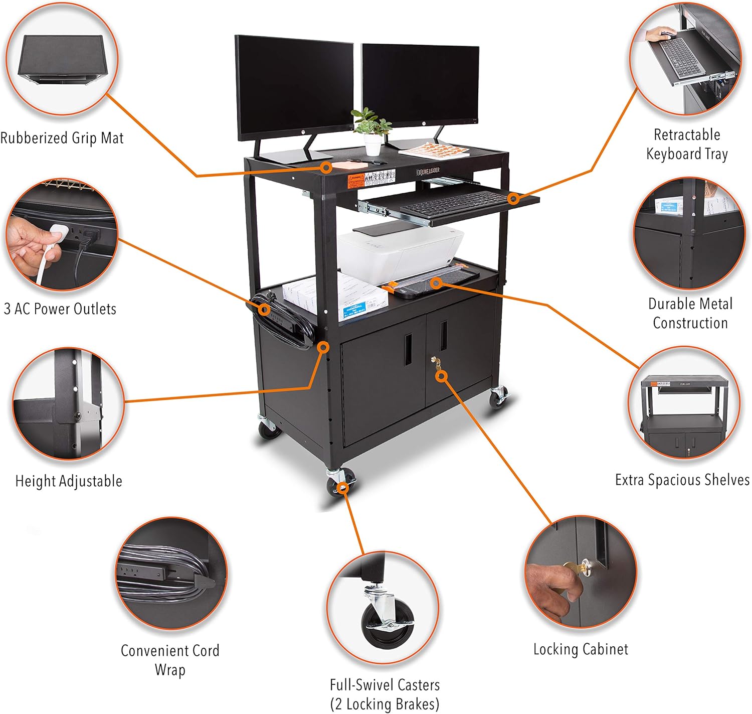 Large AV Cart with Locking Cabinet, Height Adjustable, Black H21904