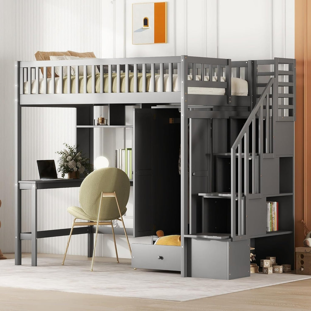 Grey Twin Size Loft Bed with Bookshelf Drawers Desk and Wardrobe MDF Pine Wood B727