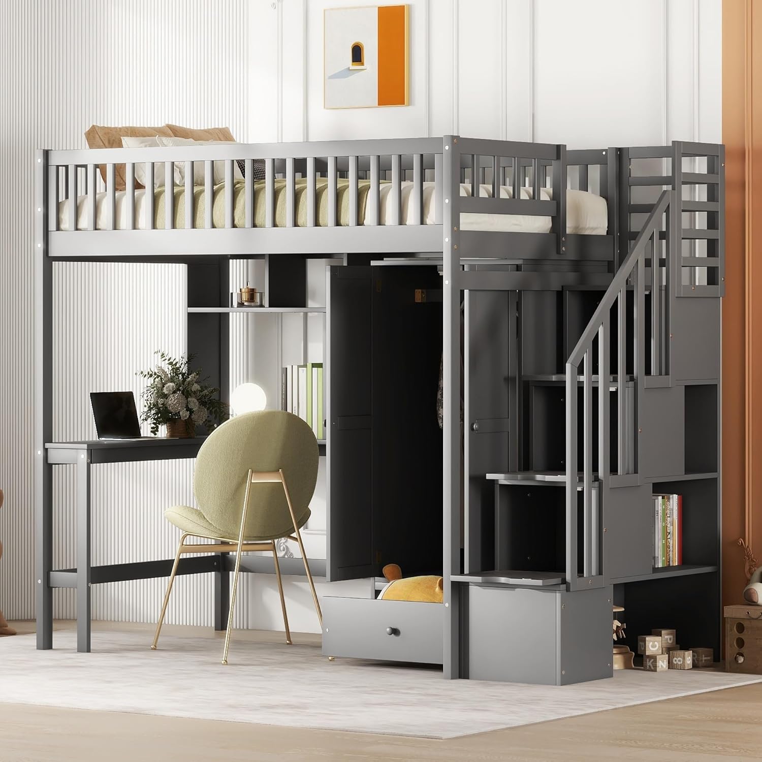 Grey Twin Size Loft Bed with Bookshelf Drawers Desk and Wardrobe MDF Pine Wood B727