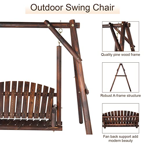 6.5' Outdoor Porch Swing Rustic Loveseat Solid Wooden Natural Log Garden Swing (Carbonized) W63206