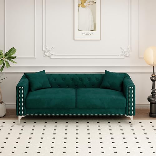 Blue Velvet 3 Seaters Sofa with Nailhead Decor and Metal Legs, 83" X96808