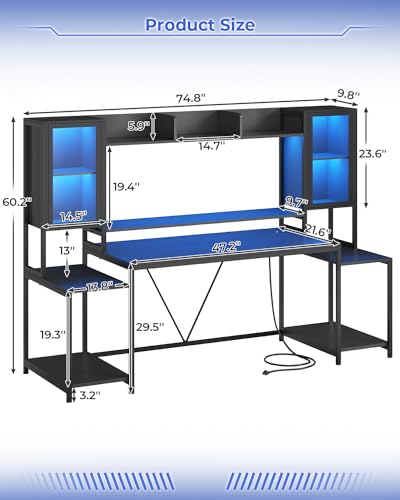 White 74.8'' Gaming Desk with LED Lights, Hutch and Storage Shelves I927581