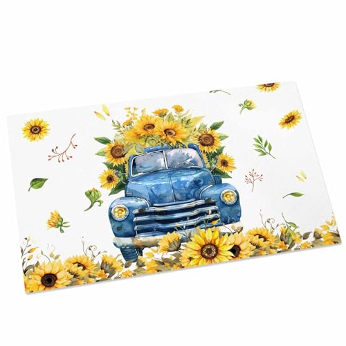 Yellow Sunflowers on Farm Truck Indoor Door Mats, Non-Slip Low Profile Entryway Rugs, Summer Floral on White, 18x30IN I887