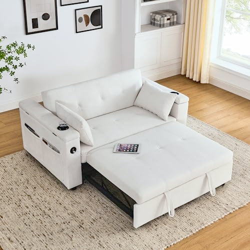 White Chenille 2-Seater Convertible Sofa Bed with USB Power Outlet N6575