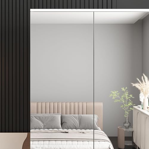 White 4 Door Mirrored Wardrobe Closet with Hanging Rod D38068