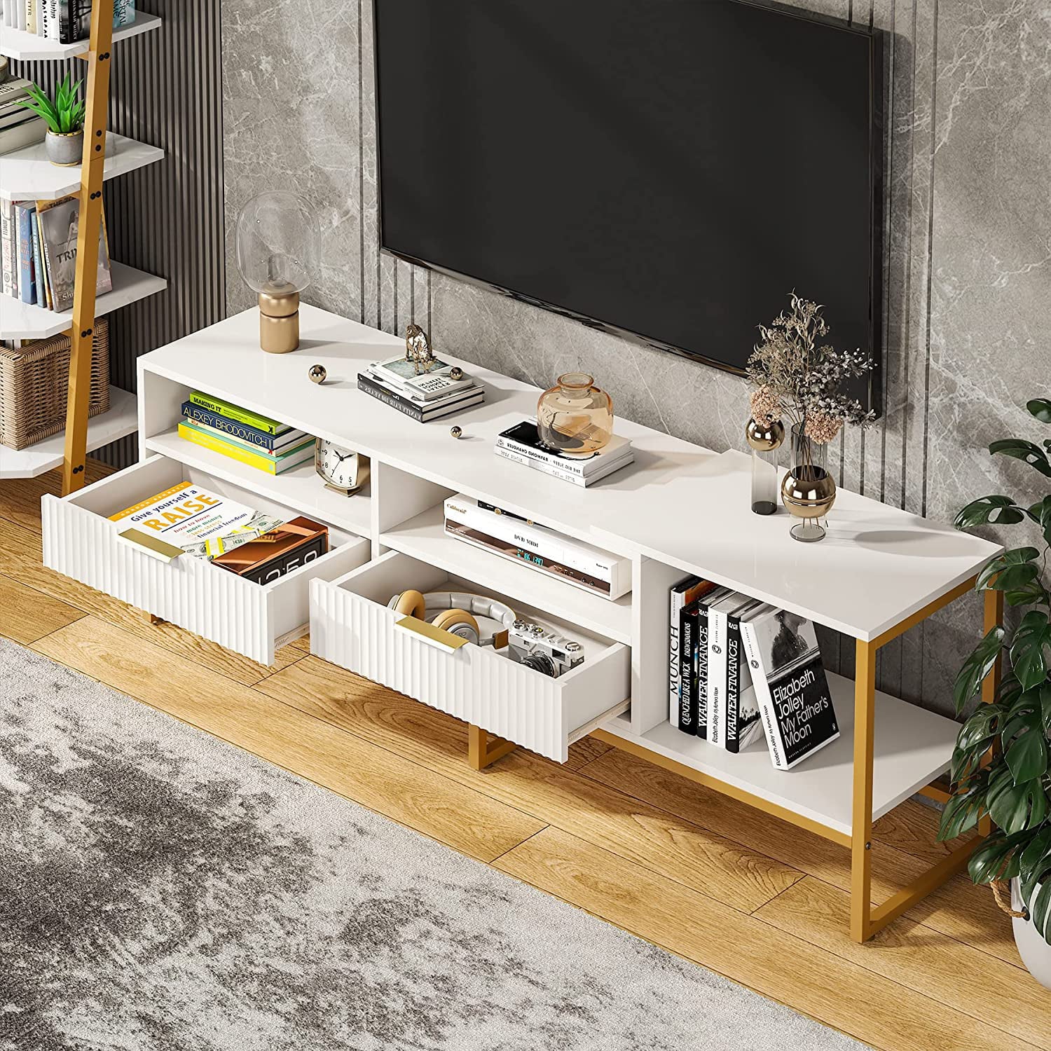 White and Gold TV Stand with 2 Drawers and Open Shelves I172234