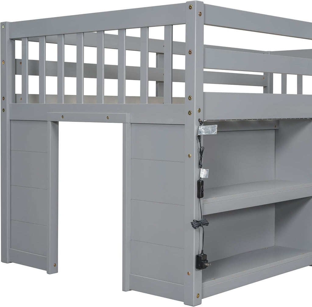 Grey LED Twin Low Loft Bed with Storage Shelves B739983