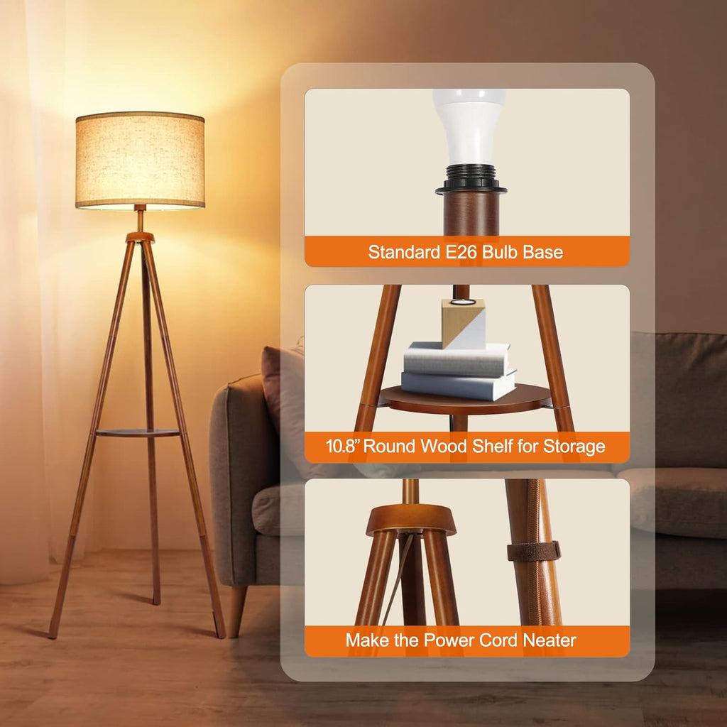 Wood Tripod Floor Lamp with Beige Linen Texture Shade R948234
