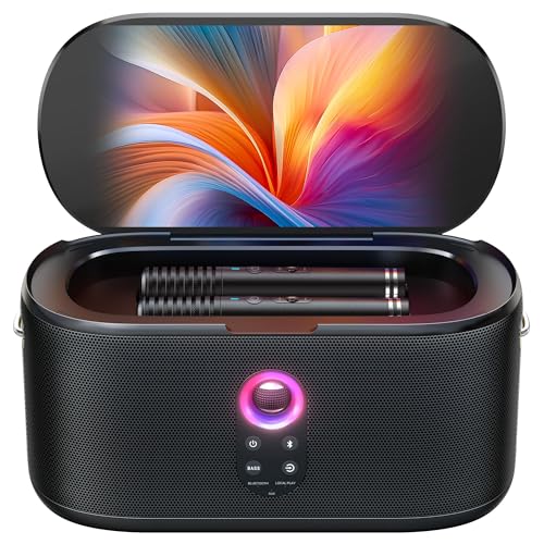 Smart Karaoke Machine with Lyrics Display, 32GB, 2 Wireless Mics, 300W Peak Power, 4 DJ Lights N14208