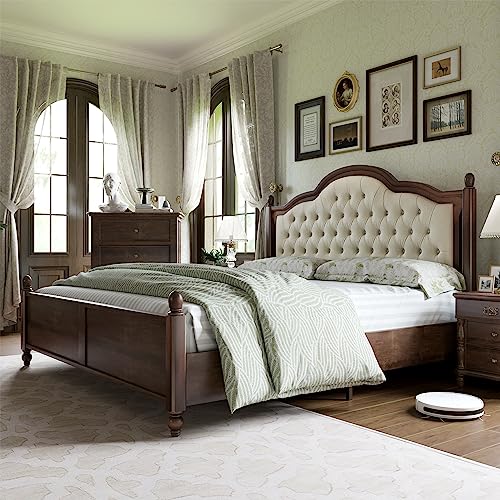 Walnut Queen Size Solid Bed Frame with Upholstered Tufted Headboard H140