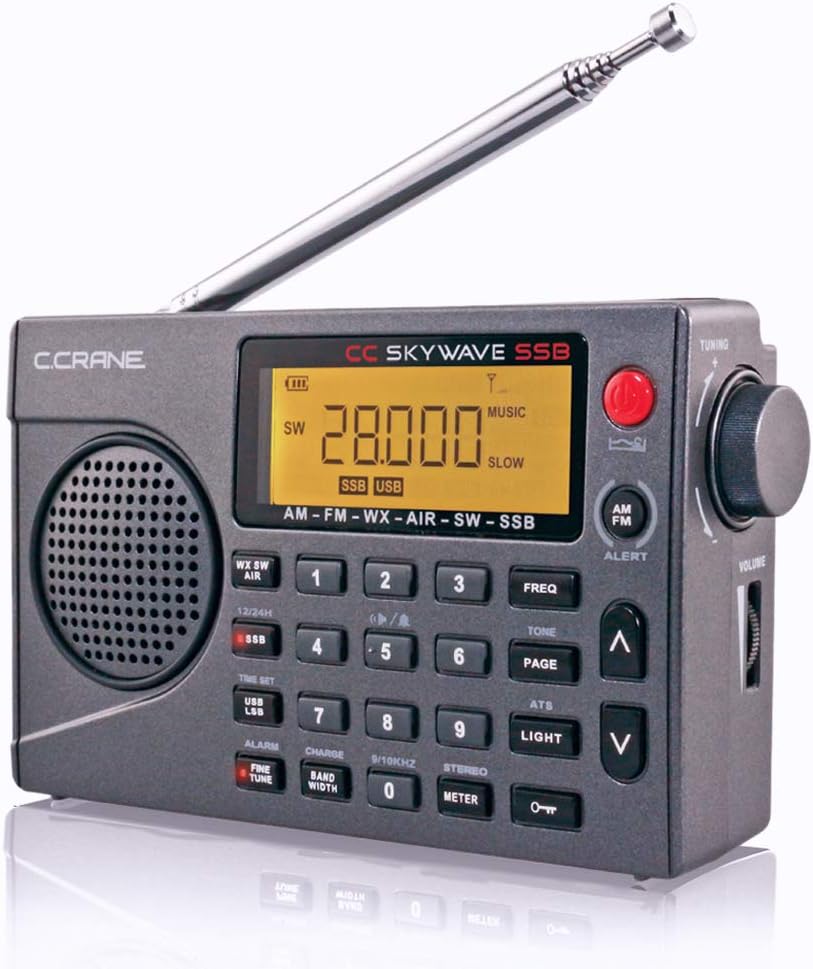 Small Battery Operated Portable Travel Radio with AM, FM, Shortwave, NOAA Weather + Alert, VHF Aviation Band and Single Side Bands E5543