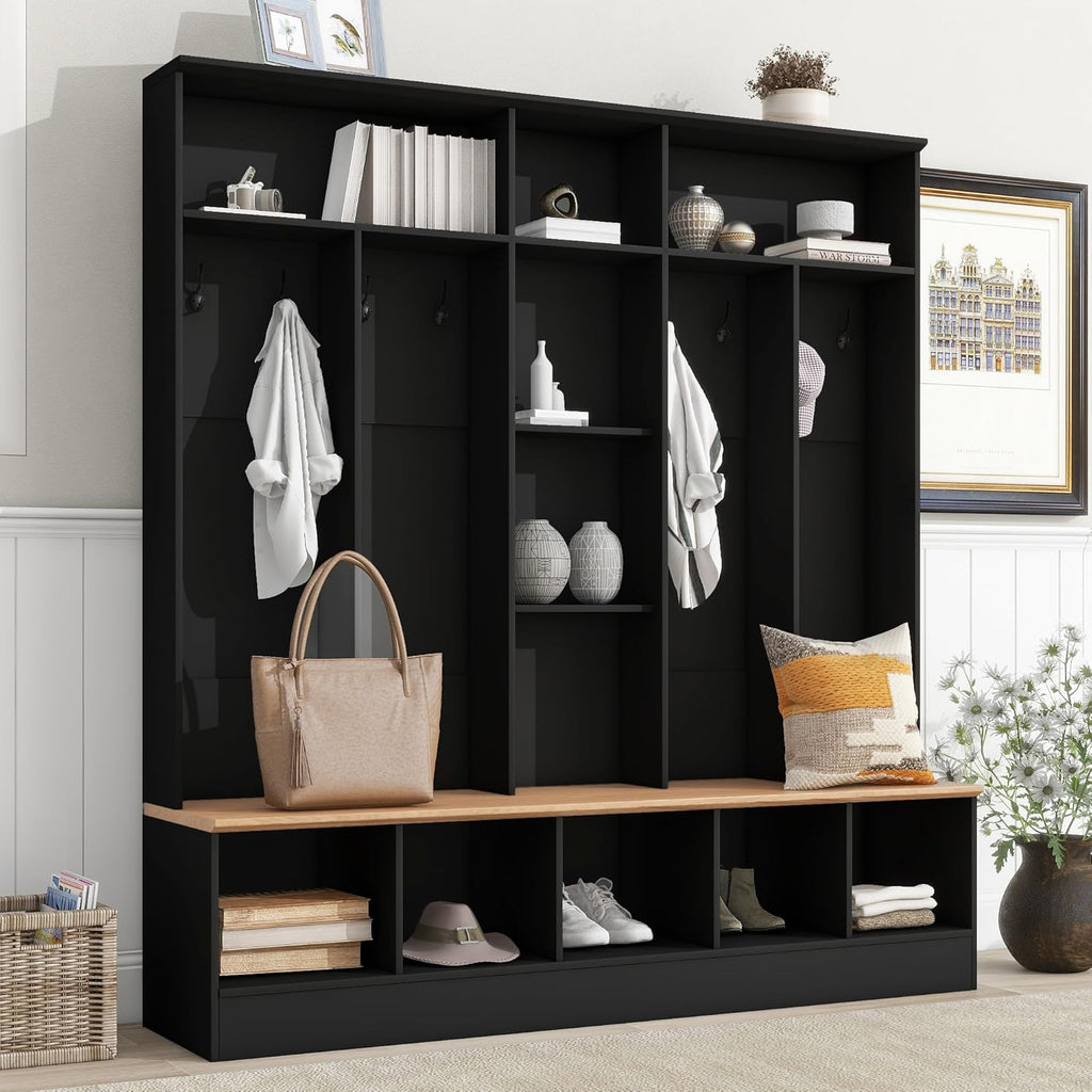 Black Hall Tree with Storage Bench and 8 Hooks R167