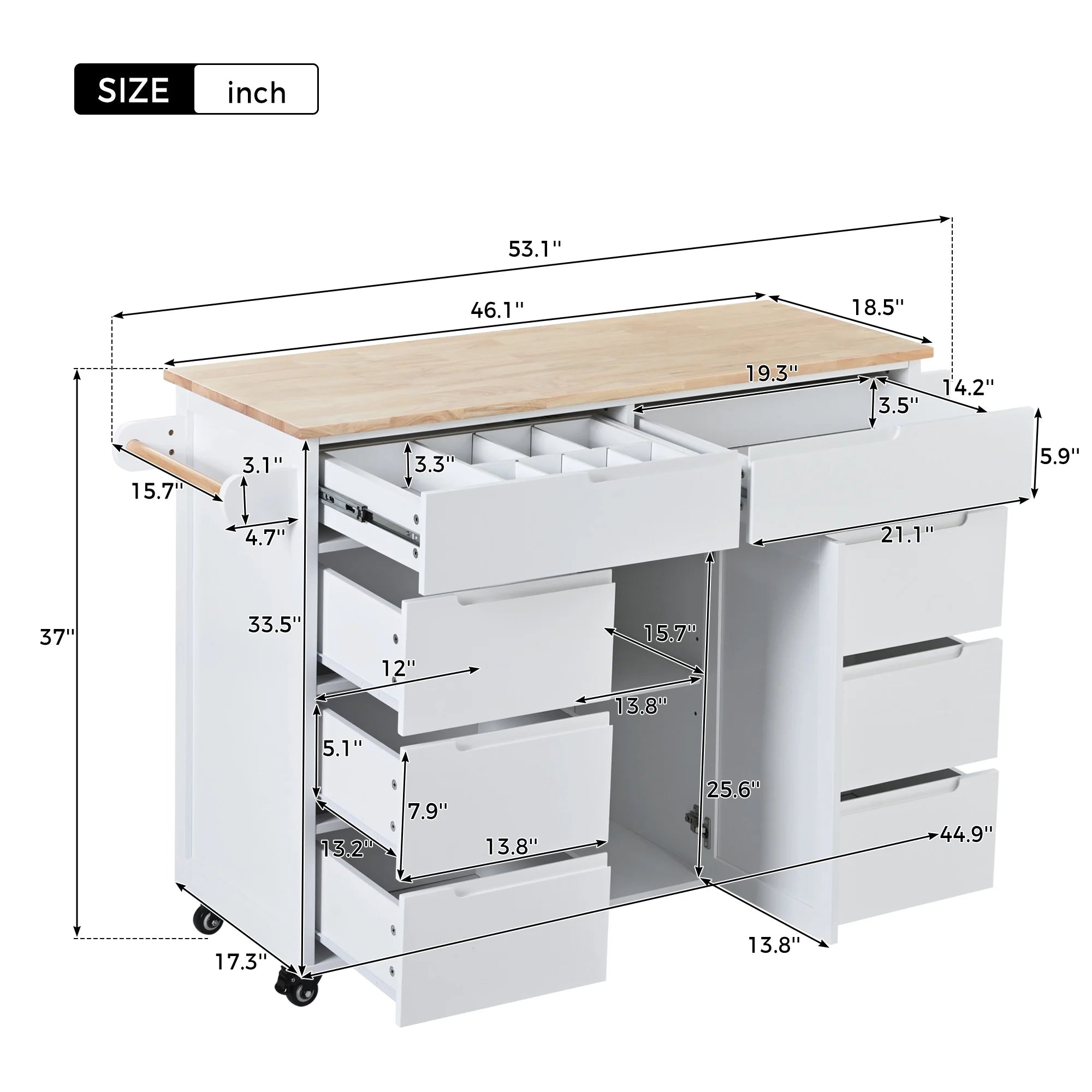 Rolling Kitchen Island with Storage, Rubber Wood Mobile Kitchen Cart with Lockable Wheels, Drawers, Shelves Q9277