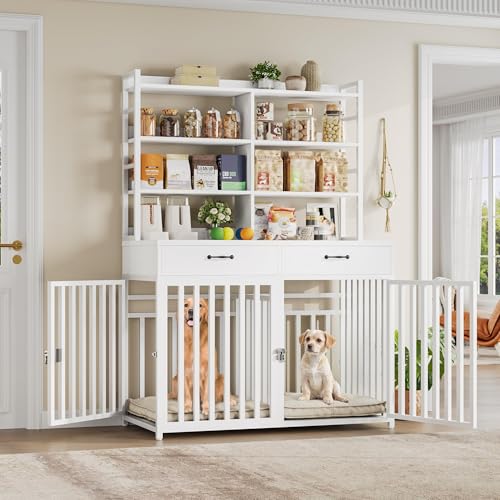 Black Wood & Metal Large Dog Crate Furniture with 4-Tier Shelves and 2 Storage Drawers B462