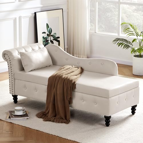 Beige Tufted Velvet Chaise Lounge with Storage G735082
