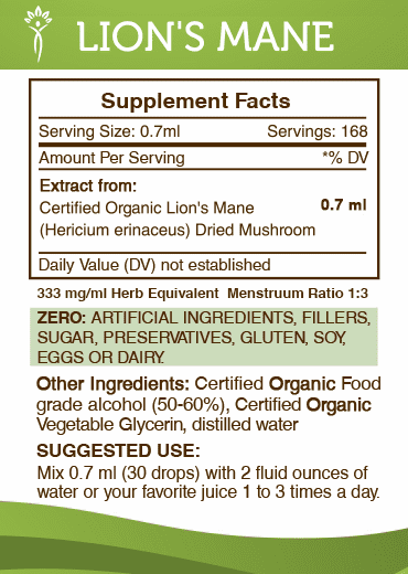Organic Lion's Mane Dried Mushroom Alcohol Extract 2x4 oz K39878