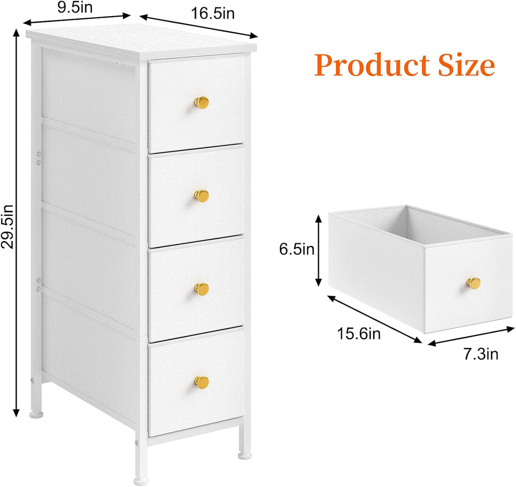 White 4 Drawer Slim Fabric Dresser with Steel Frame and Wood Top R263