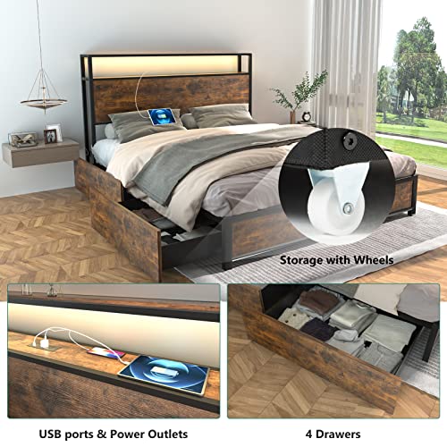 Full Size Metal Bed Frame with Storage Drawers, Rustic Brown M3743