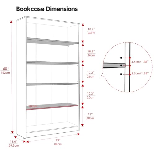 5 Shelf Wooden Bookcase, 60 Inch Height, Cherry L3639
