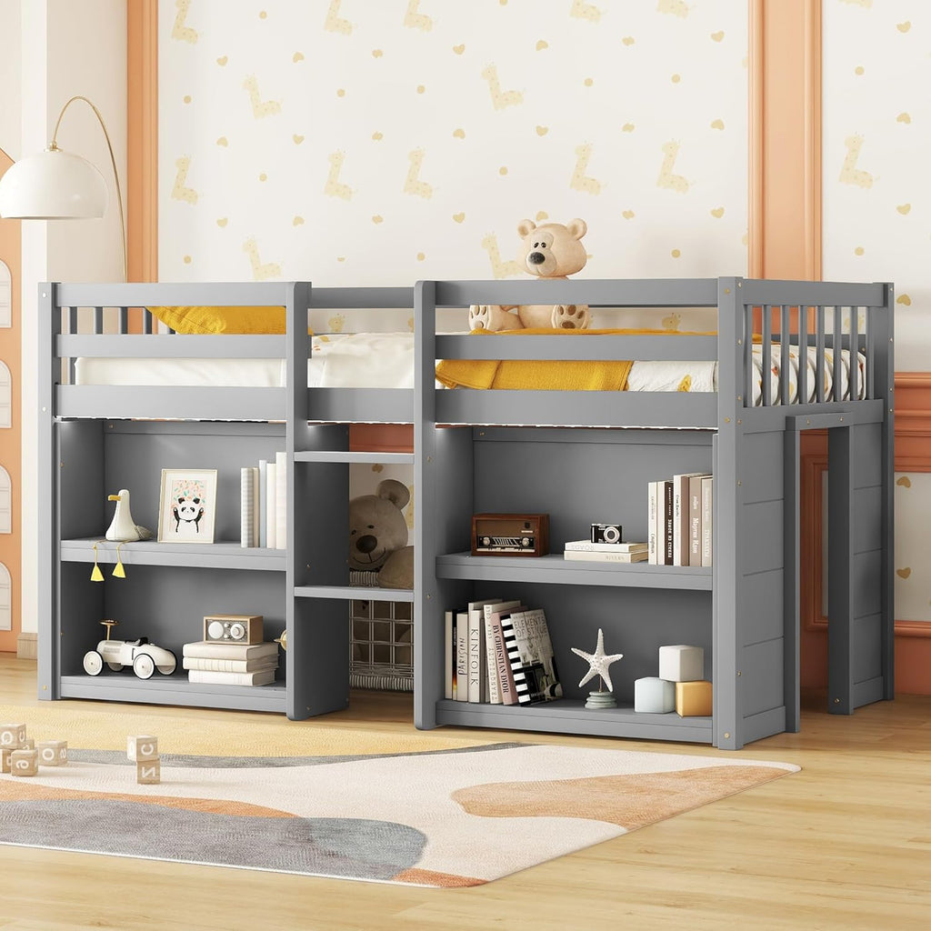 Grey LED Twin Low Loft Bed with Storage Shelves B739983
