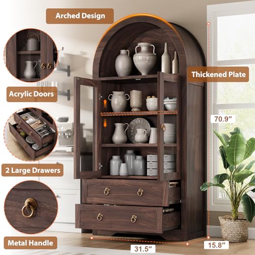 Brown Arched Bookshelf Pantry Storage Cabinet with Drawers Doors and Shelves I18228