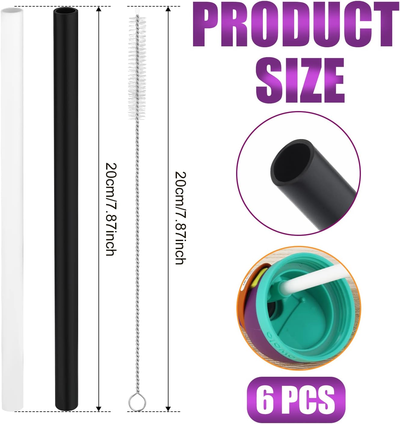 6pcs Reusable Plastic Straws with Cleaning Brush for 24 oz Water Bottle K53855