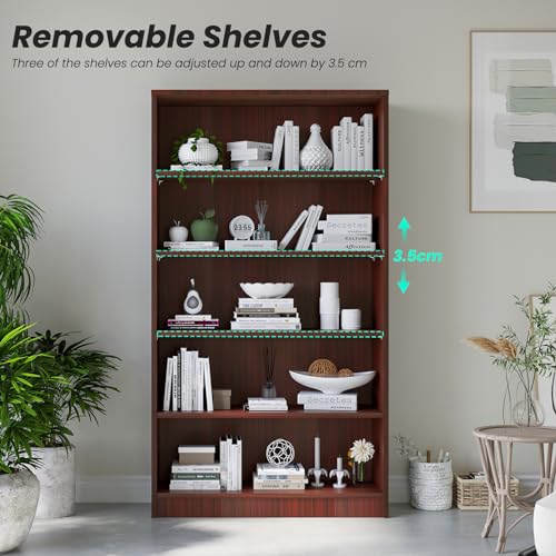 5 Shelf Wooden Bookcase, 60 Inch Height, Cherry L3639