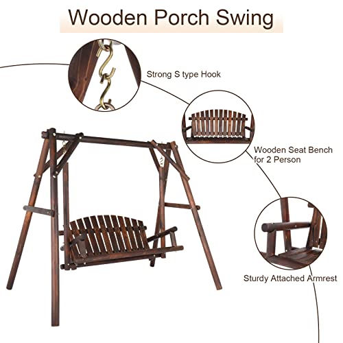 6.5' Outdoor Porch Swing Rustic Loveseat Solid Wooden Natural Log Garden Swing (Carbonized) W63206