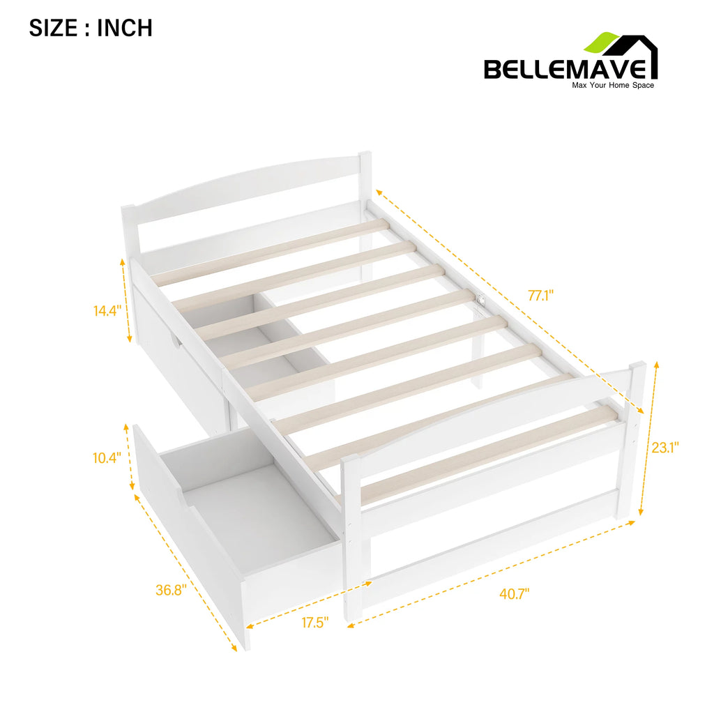 White Twin Size Platform Bed with 2 Drawers C3265