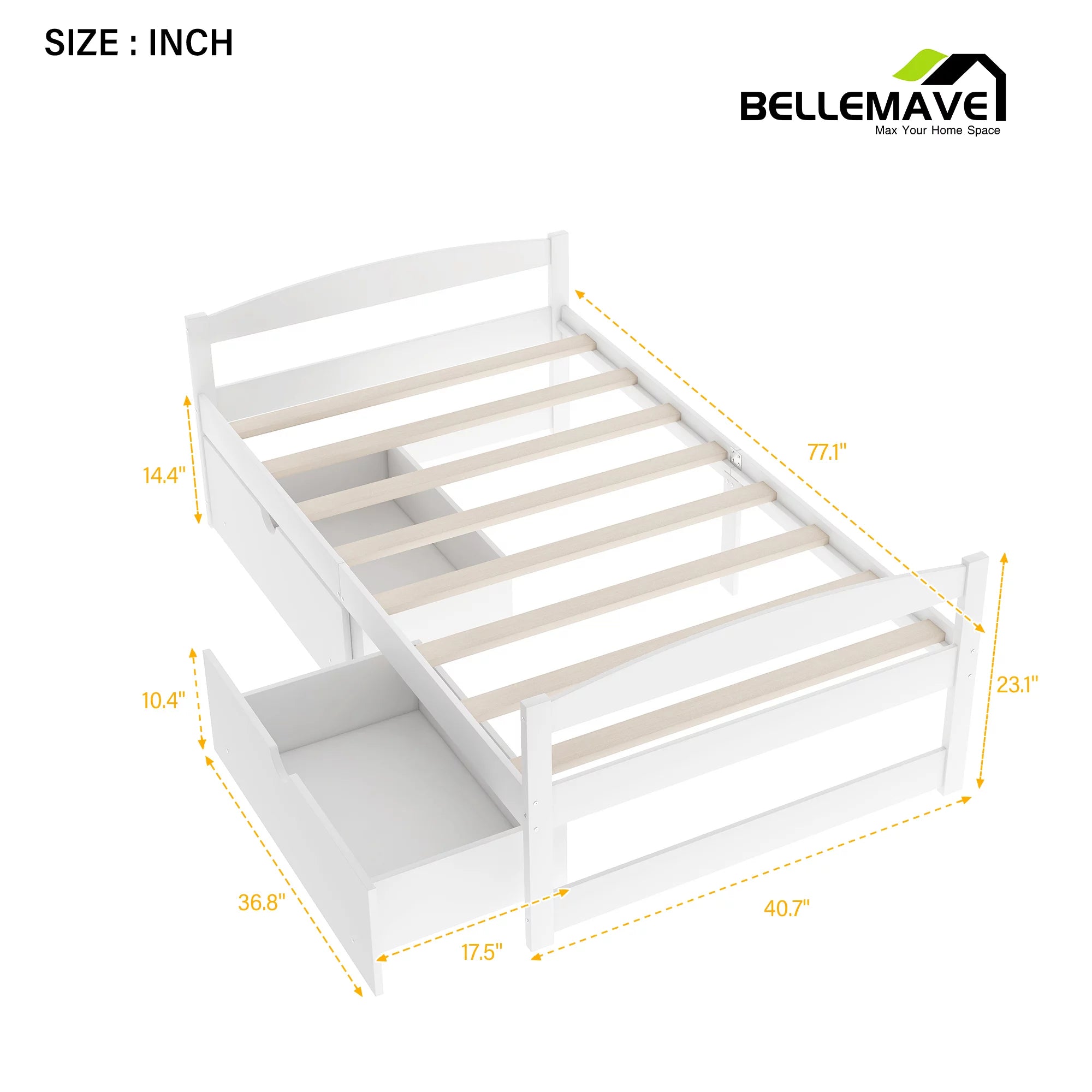 White Twin Size Platform Bed with 2 Drawers C3265