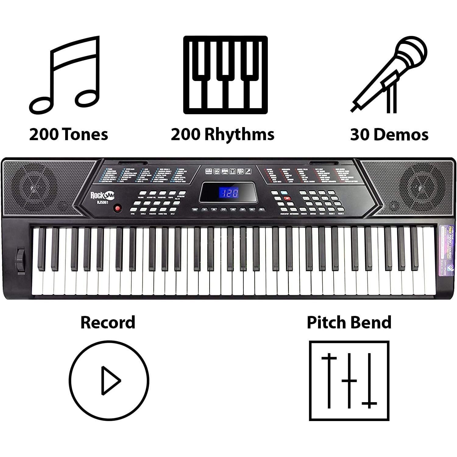 61 Key Keyboard Piano Stand with Pitch Bend Kit, Piano Bench, Headphones, Keynote Stickers X936893