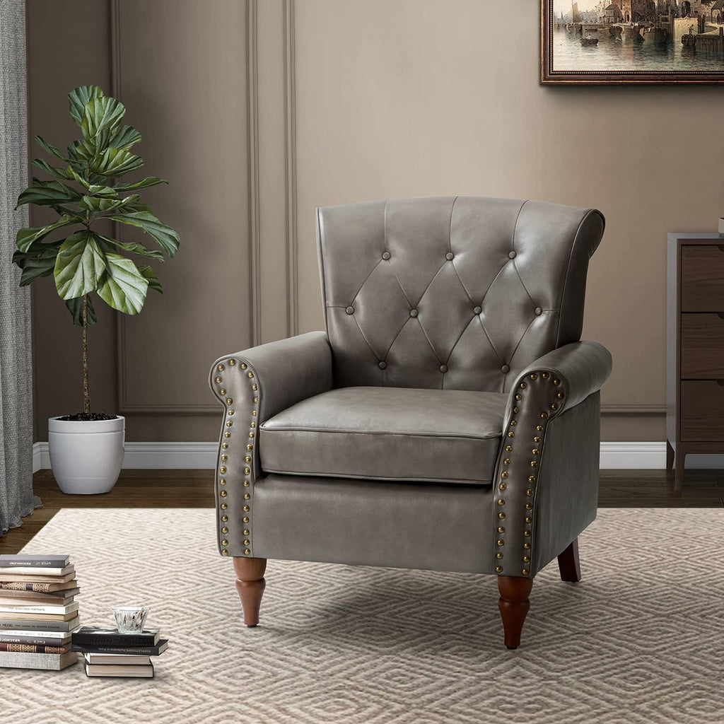 Grey Faux Leather Accent Chair with Solid Wood Legs K45739