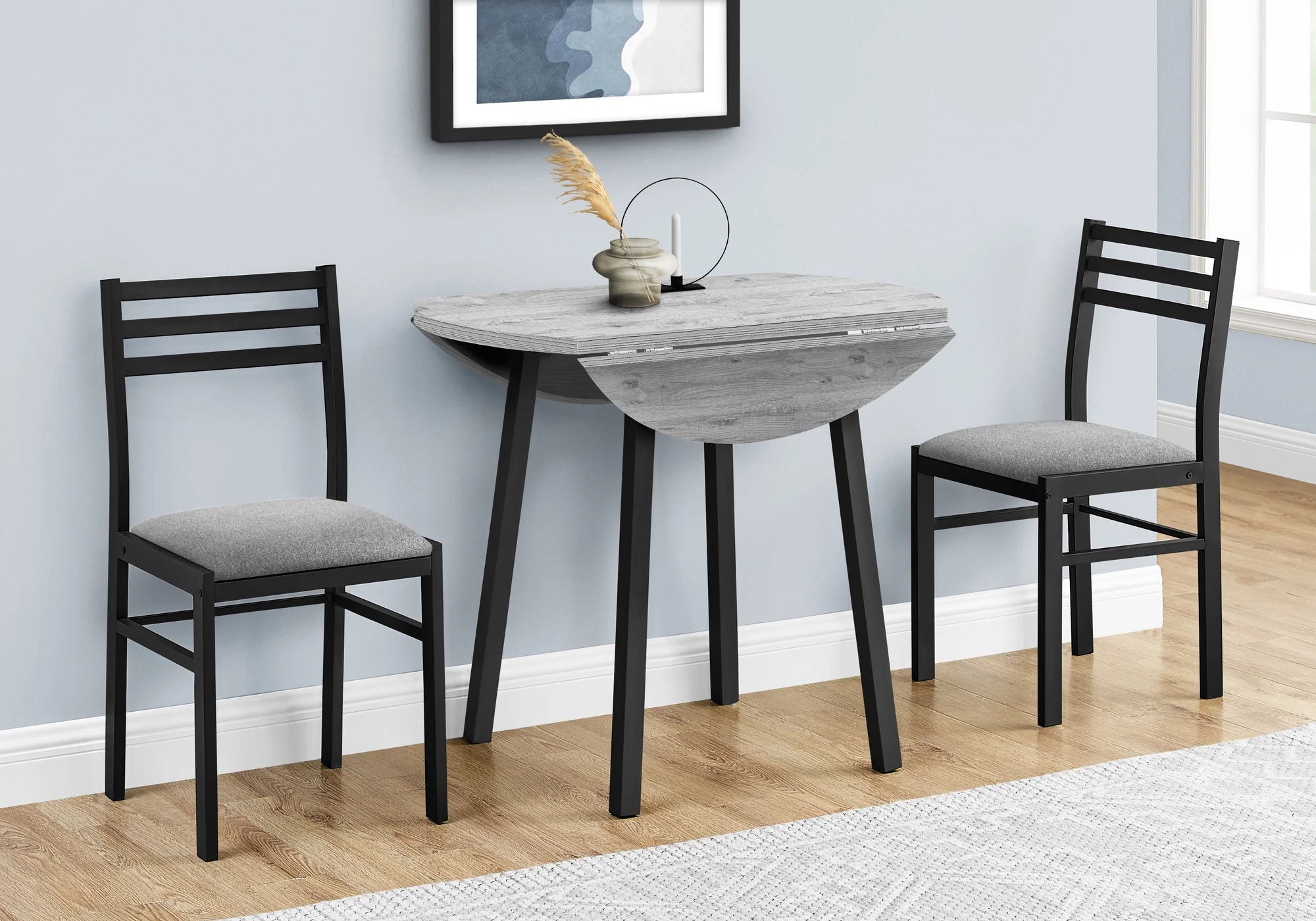 Gray 3pcs Drop Leaf Dining Table Set with Black Metal L236