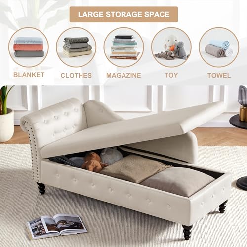 Beige Tufted Velvet Chaise Lounge with Storage G735082