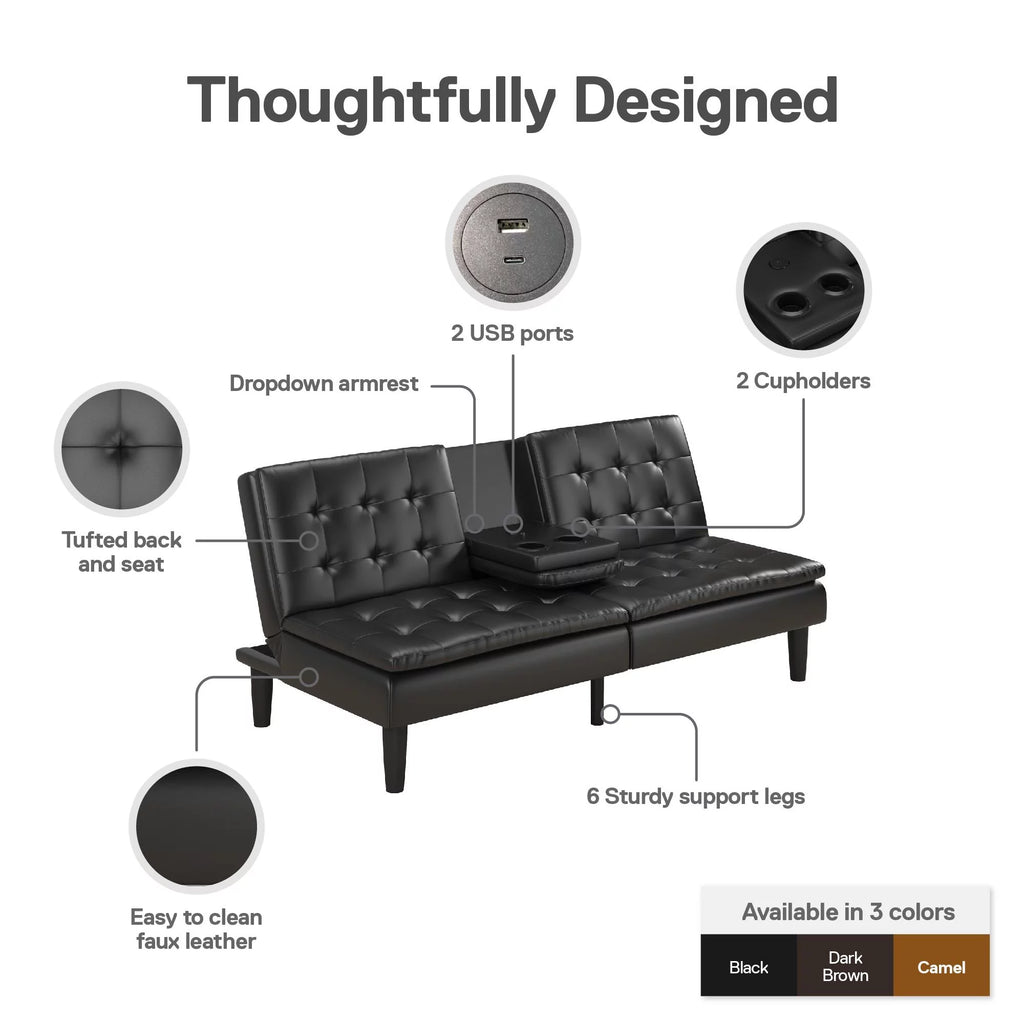 Black Faux Leather Memory Foam Futon with Cupholder and USB S276311