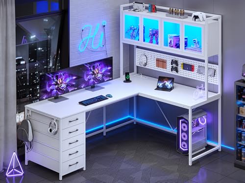 White L Shaped Gaming Desk with Drawers and Hutch T3222