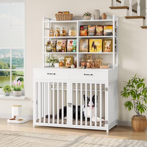 Black Wood & Metal Large Dog Crate Furniture with 4-Tier Shelves and 2 Storage Drawers B462