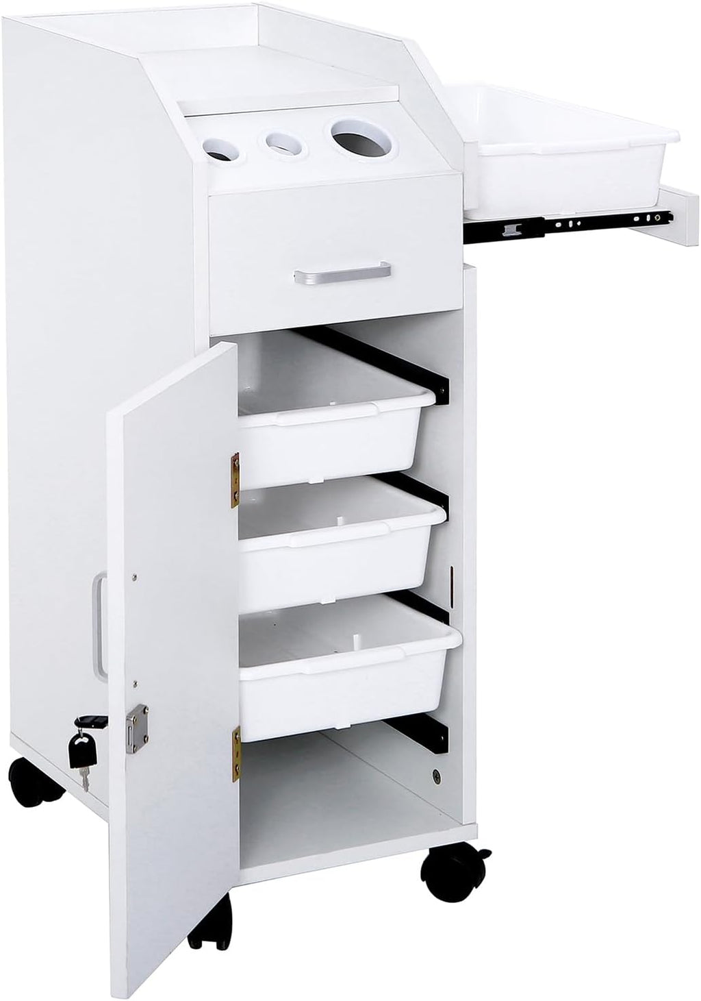 Rolling Hair Salon Storage Cart with Wheels & 3 Hair Dryer Holders & Drawers & Lock J99478