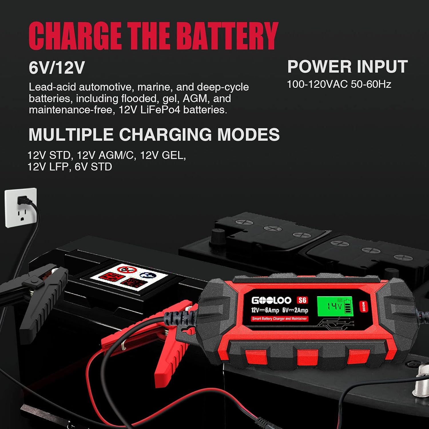 6 Amp 6V 12V Battery Charger Maintainer for Lead-Acid Battery Up to 150Ah LCD Display Pack of 2 V3489
