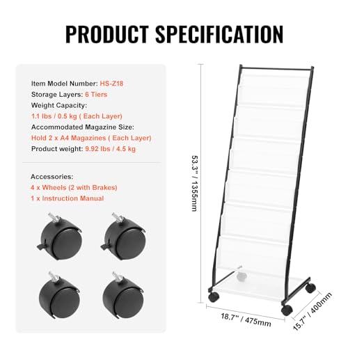 6-Tier Floor Standing Magazine Display Rack with 4 Wheels, 6 Pockets X6463