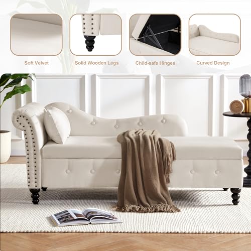 Beige Tufted Velvet Chaise Lounge with Storage G735082